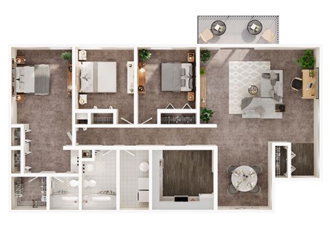A floor plan of a house with a kitchen, living room, and bathrooms.